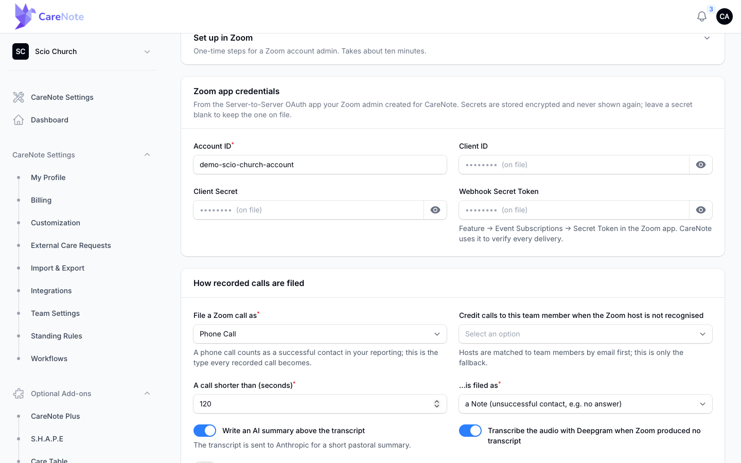 The Zoom app credentials fields above the How recorded calls are filed section