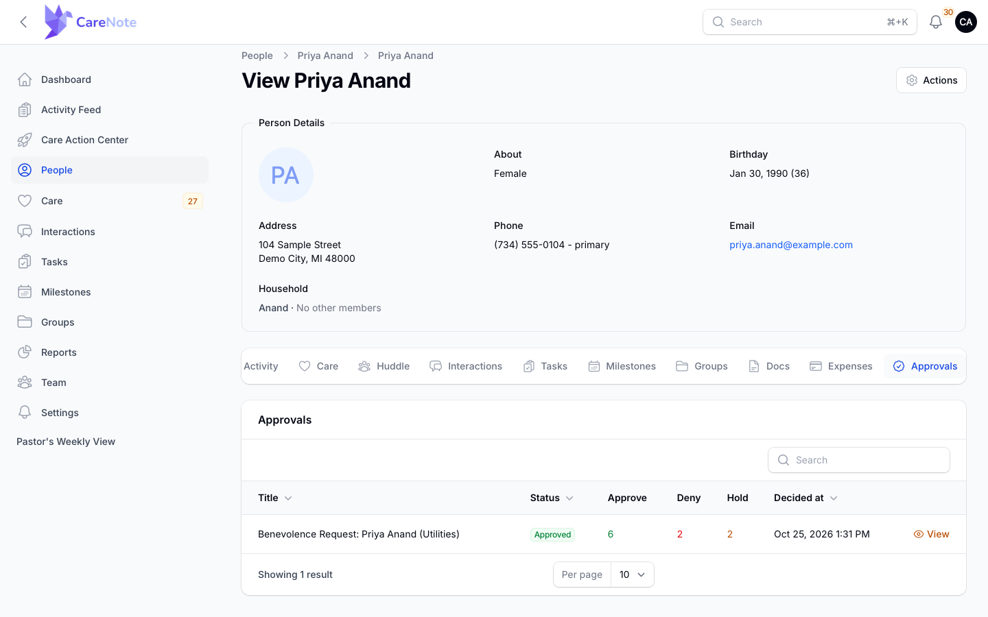 The profile Approvals tab with the approved request row