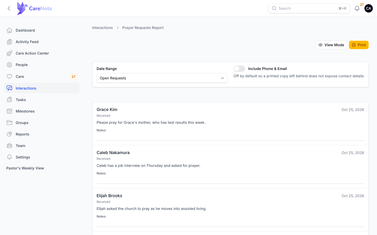 Print Mode on the Prayer Requests Report with the Date Range and Include Phone & Email options