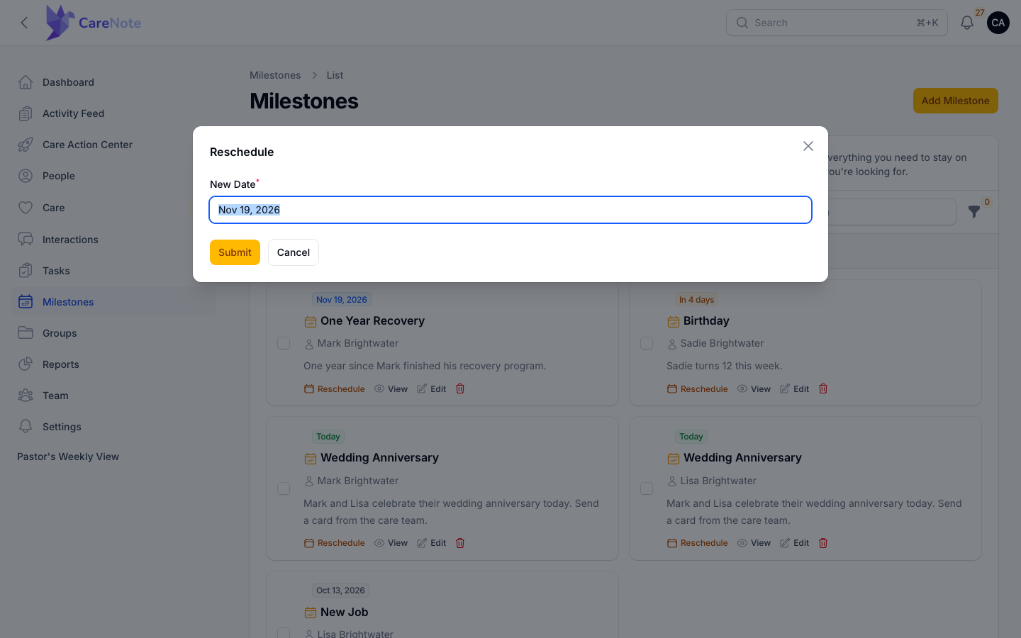 The Reschedule window with a single New Date field and Submit and Cancel buttons