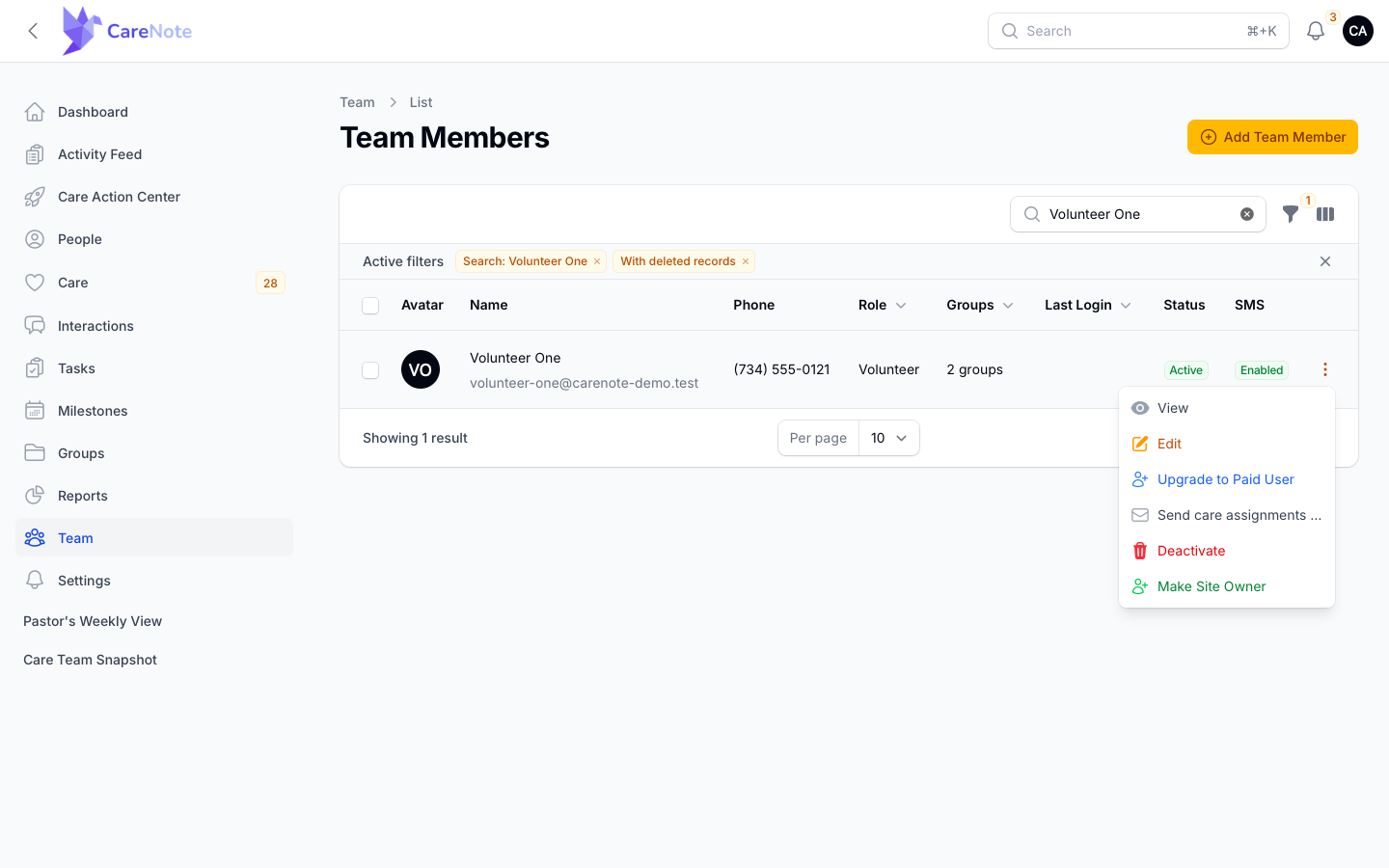 The row menu for a Volunteer on the Team Members list with Send care assignments page in the list