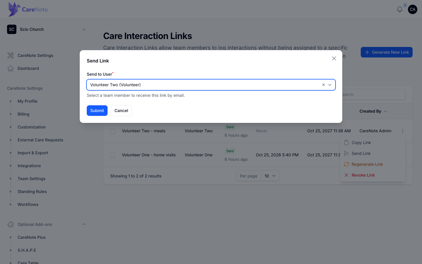 The Send Link window with the assignee already chosen