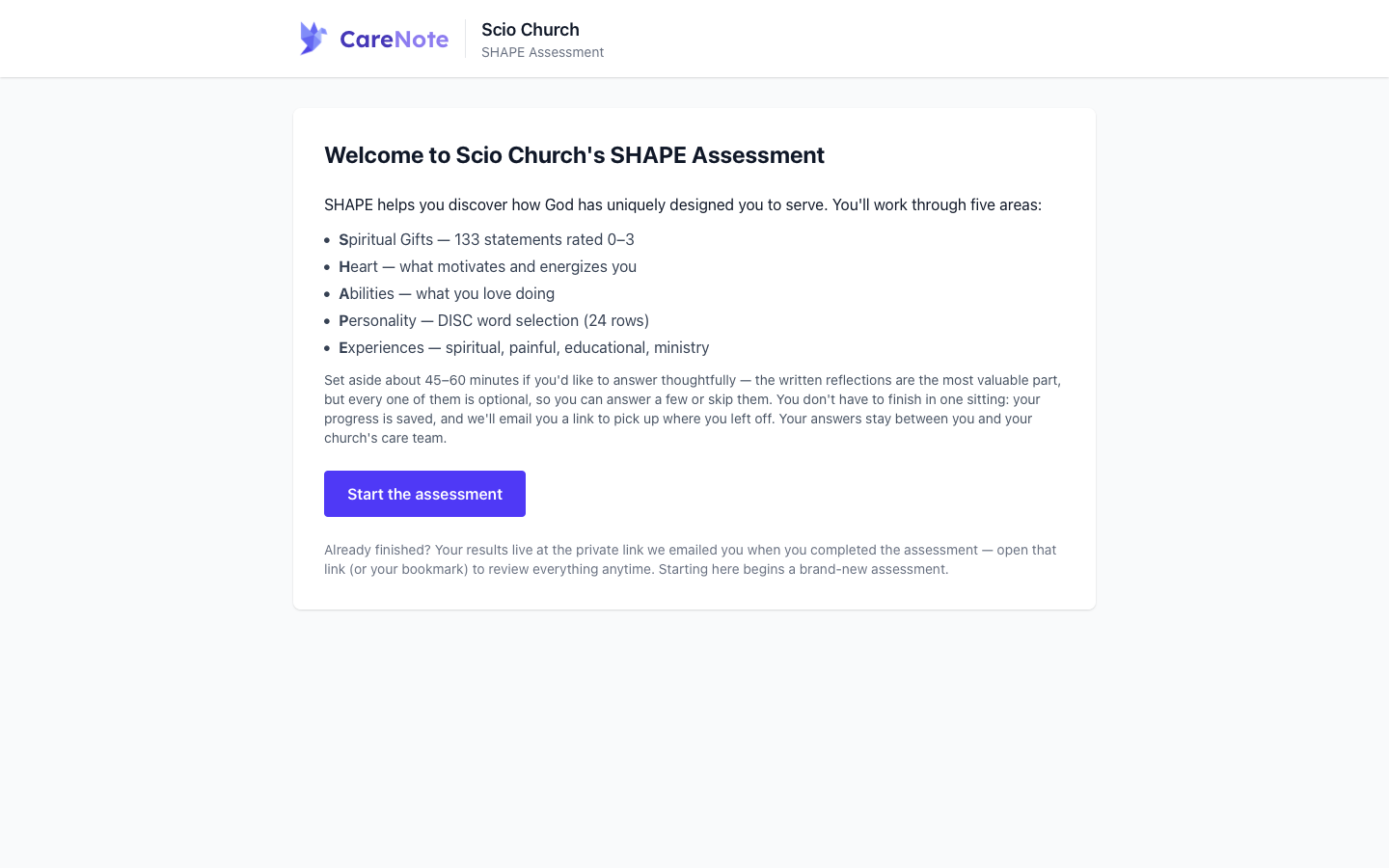 The public SHAPE landing page with the CareNote logo beside the church name and the five areas the assessment covers