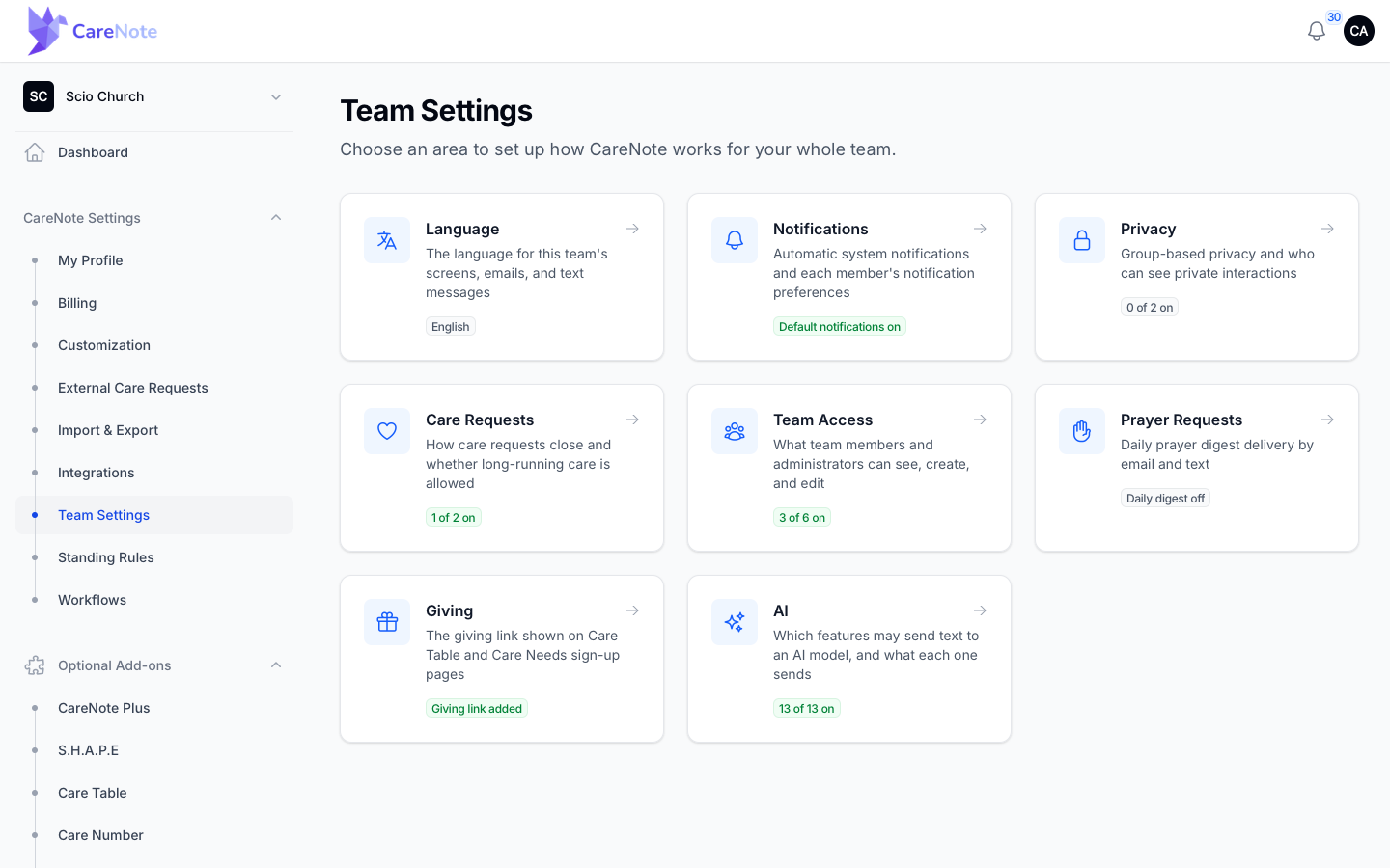The Team Settings hub with the AI card showing 13 of 13 switches on.
