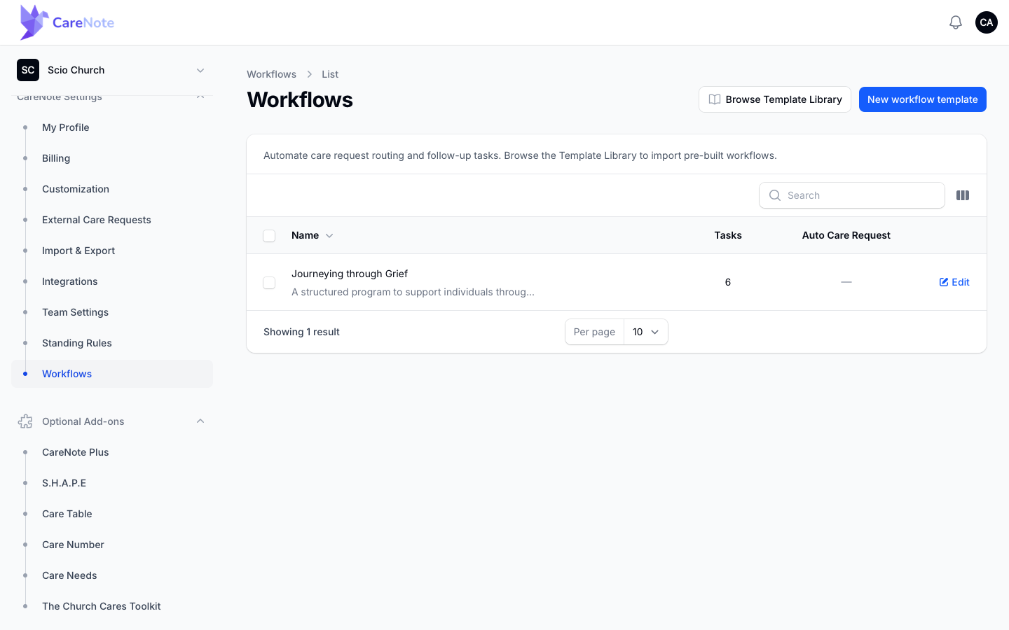 Workflows list in CareNote Settings with the sidebar open