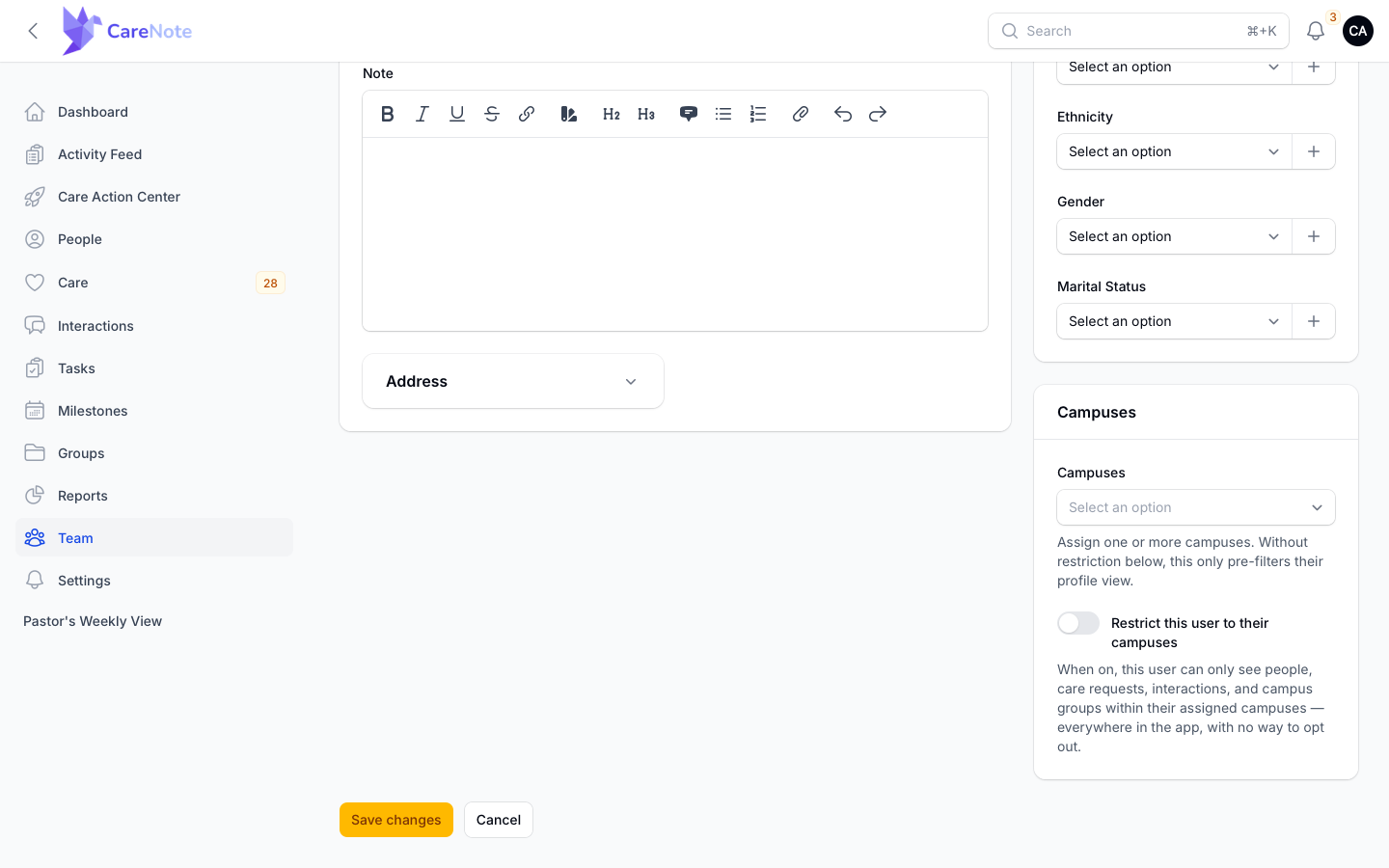 The Edit Team Member page with the Campuses card and the restriction switch
