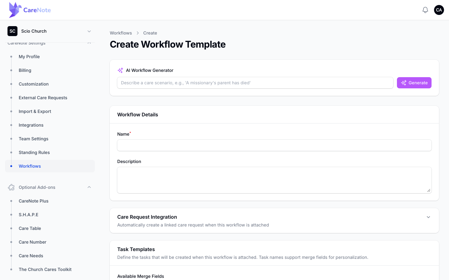 Create Workflow Template page with the AI Workflow Generator card