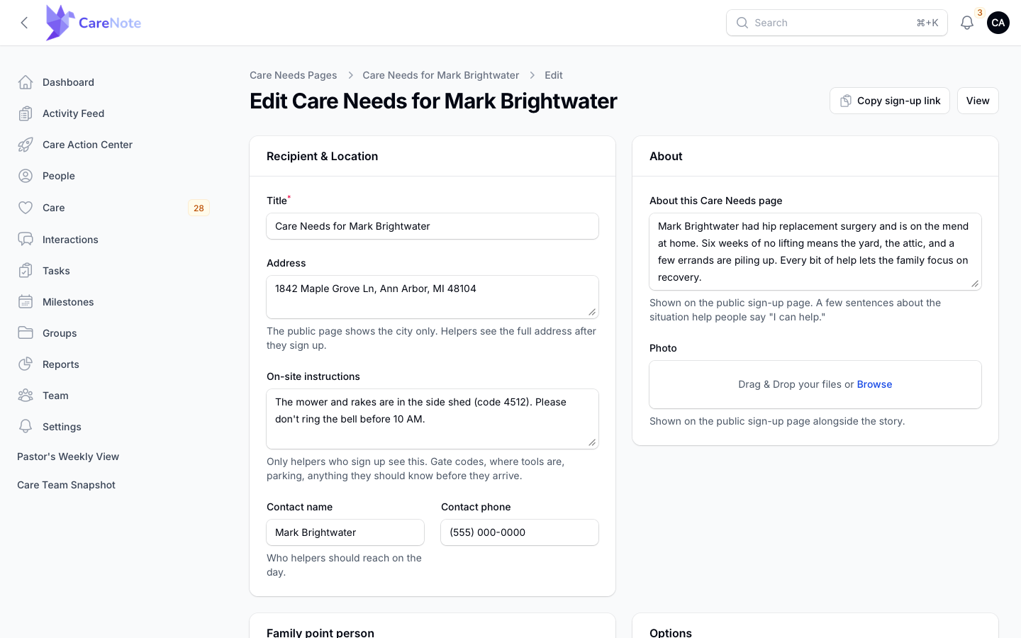 Edit setup form with Recipient & Location and About sections