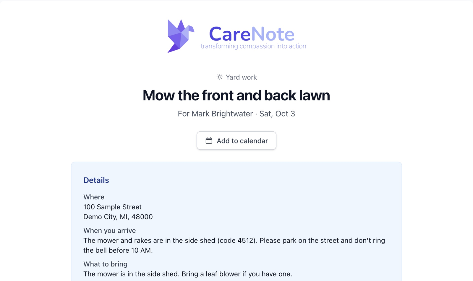 Helper sign-up page for mowing on Sat, Oct 3 with Add to calendar and the address, arrival instructions, and what to bring