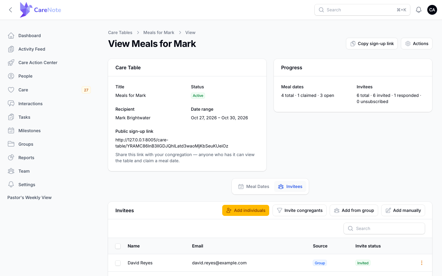 Invitees tab with four Add buttons and Invite status