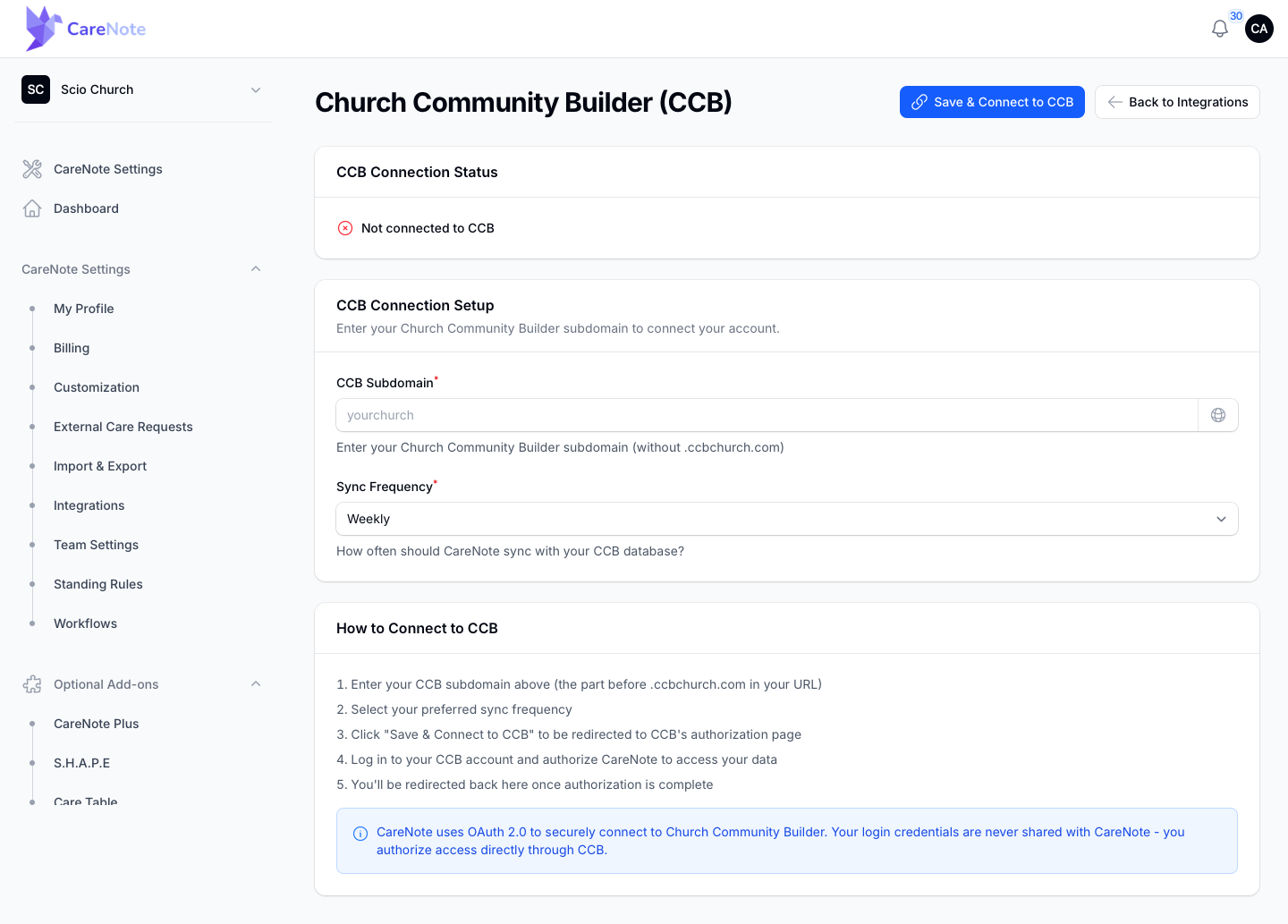 The full CCB setup page including the OAuth note