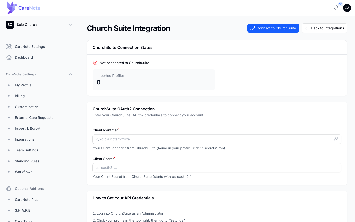 The Church Suite Integration page before connecting, with the Connect to ChurchSuite button and the credential fields