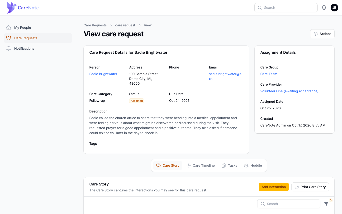 A care request as a Huddle Member sees it, with four tabs and the Add Interaction button