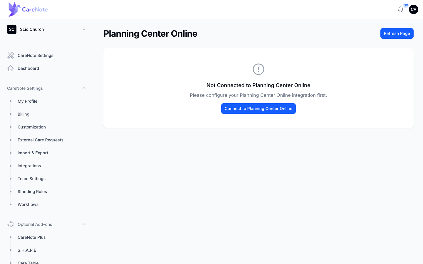 The Planning Center Online page before connecting, with the Connect to Planning Center Online button
