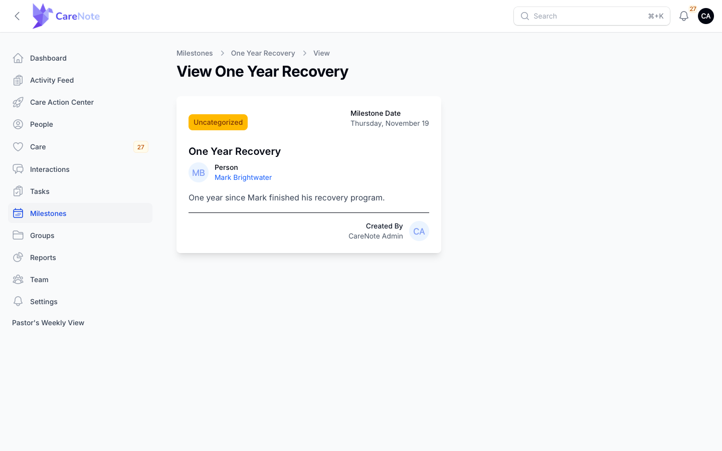 A milestone's View page showing the Uncategorized badge, the date, the linked person, and who created it