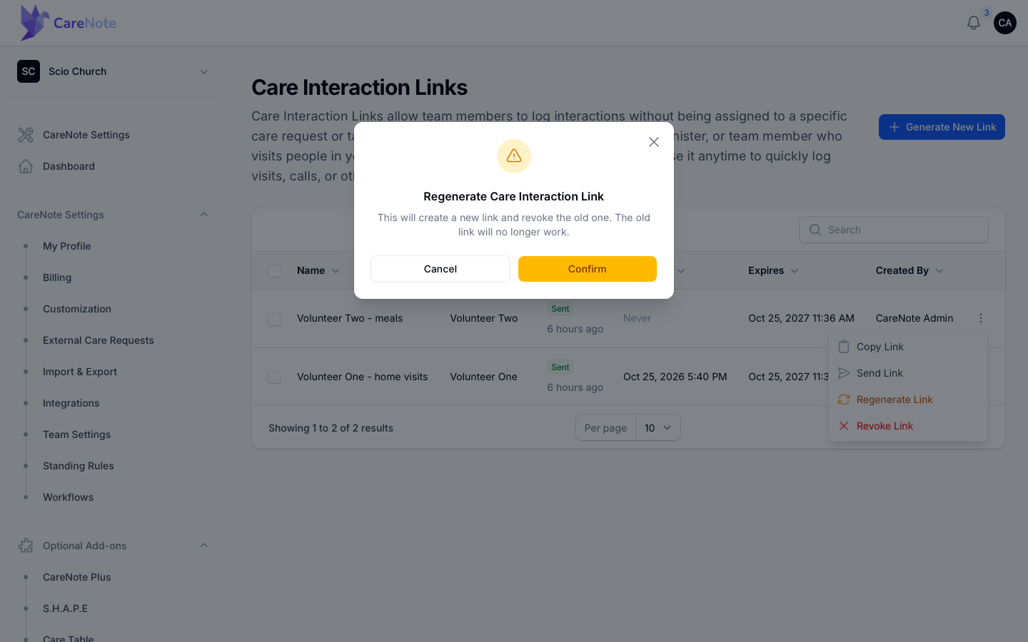 The Regenerate Link confirmation explaining the old link will no longer work