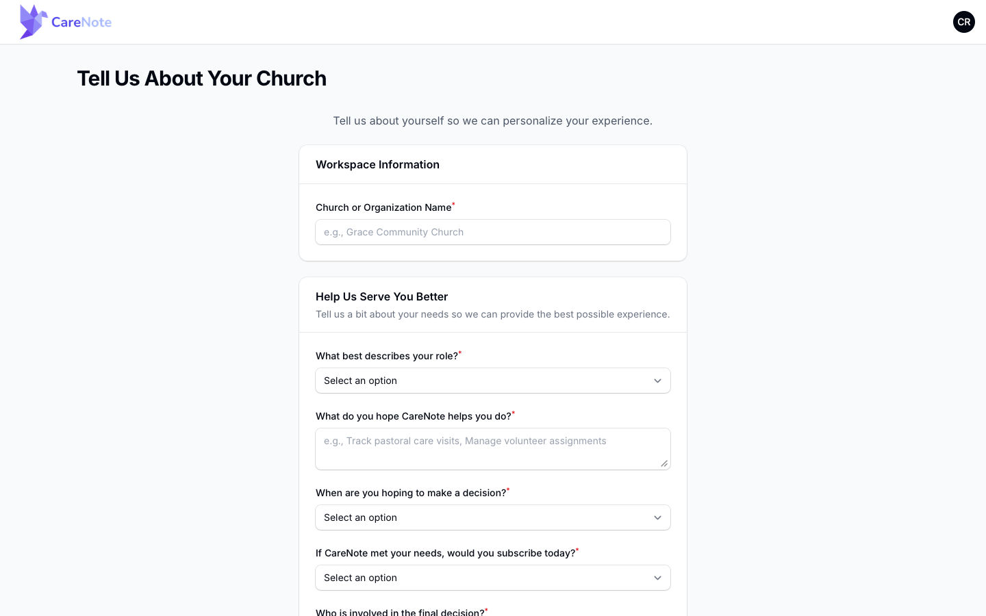 The questionnaire after choosing Join Demo, asking only for a church or organization name