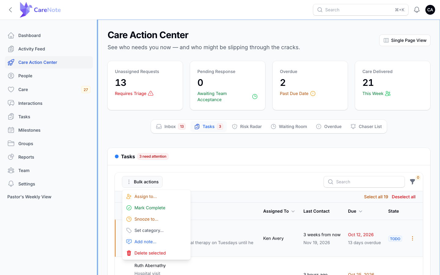 The Tasks Bulk actions menu listing Assign to, Mark Complete, Snooze to, Set category, Add note, and Delete selected