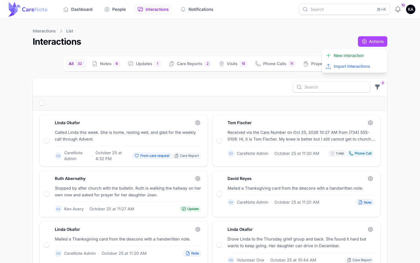 A Team Member's Interactions list with the Actions menu open