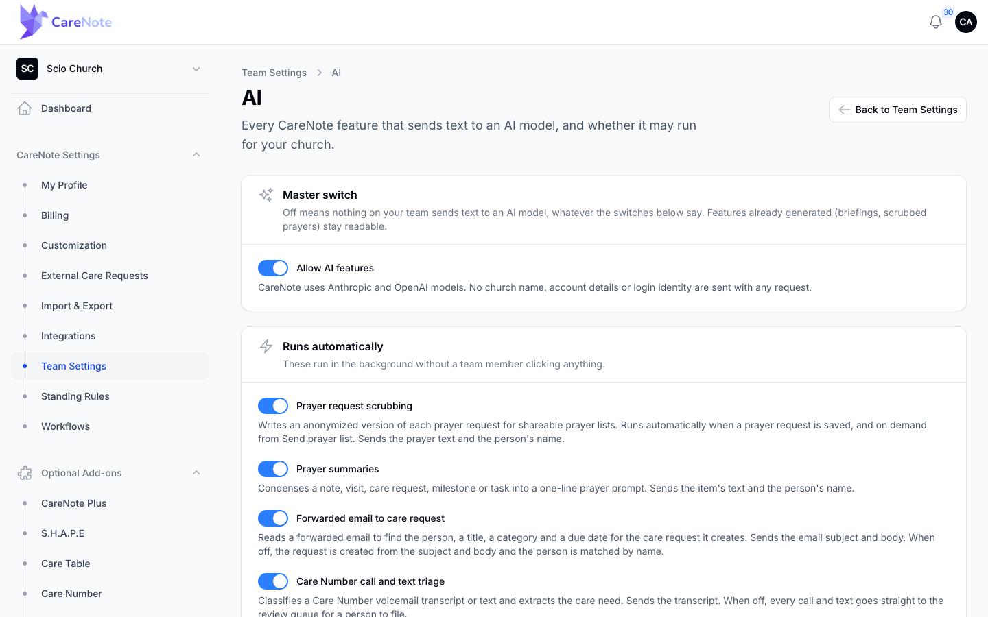 The AI page showing the Allow AI features master switch and the Runs automatically section.