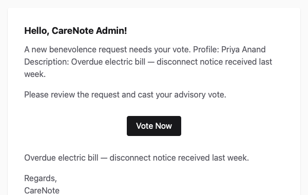 The voter email greeting the member by name with the request details and a Vote Now button