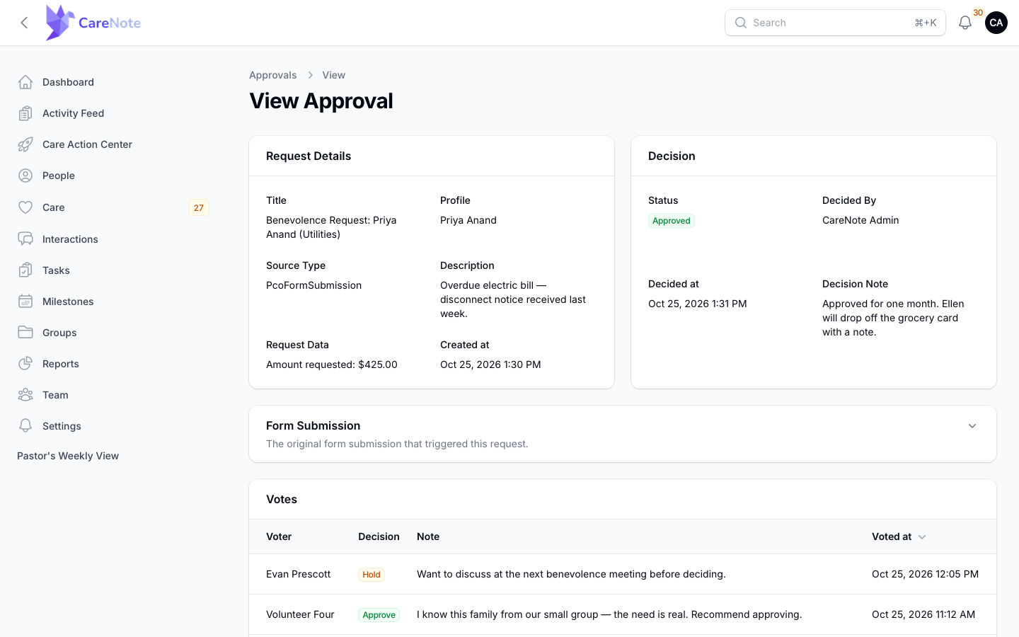 The decided approval showing Decided By, Decided at and the decision note