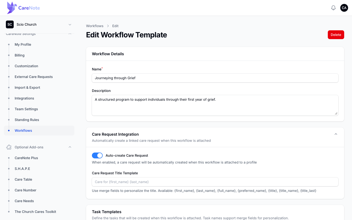 Care Request Integration section with the Care Request Title Template field