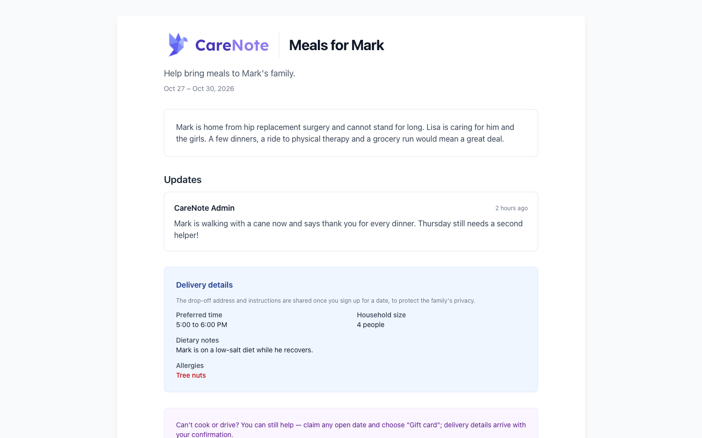 Public sign-up page with story and update