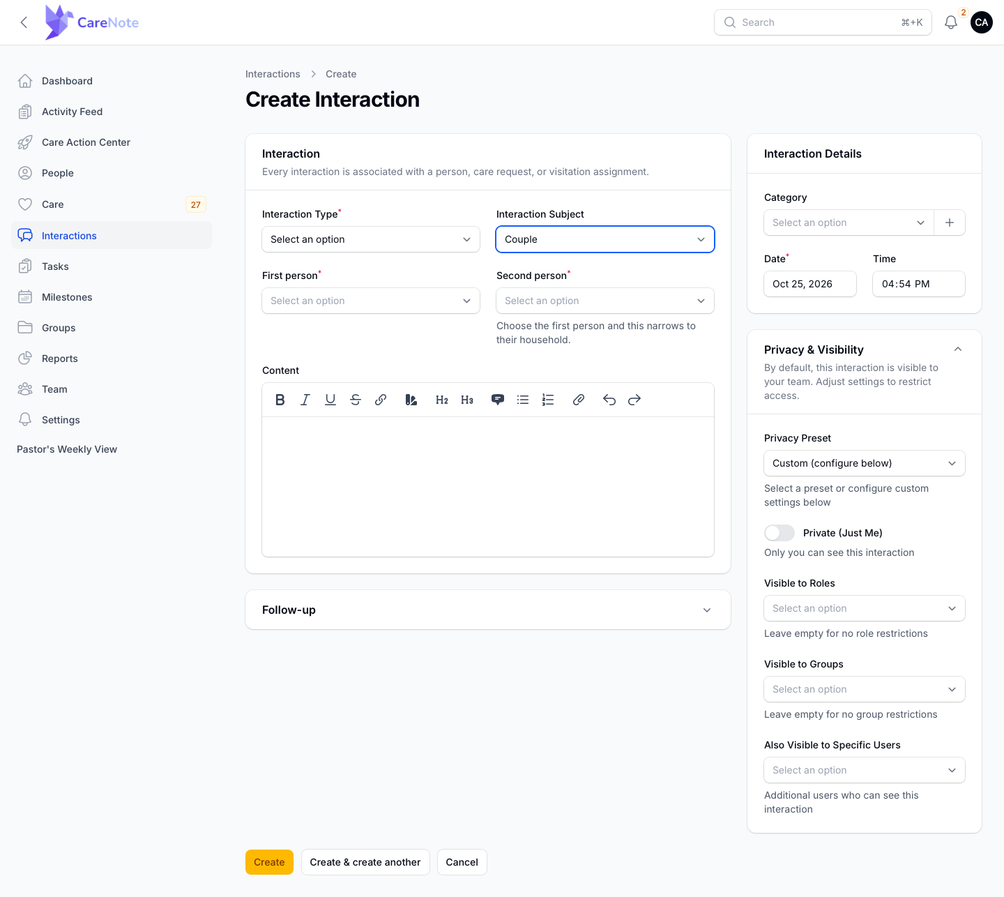 The Interaction Subject set to Couple, showing First person and Second person fields