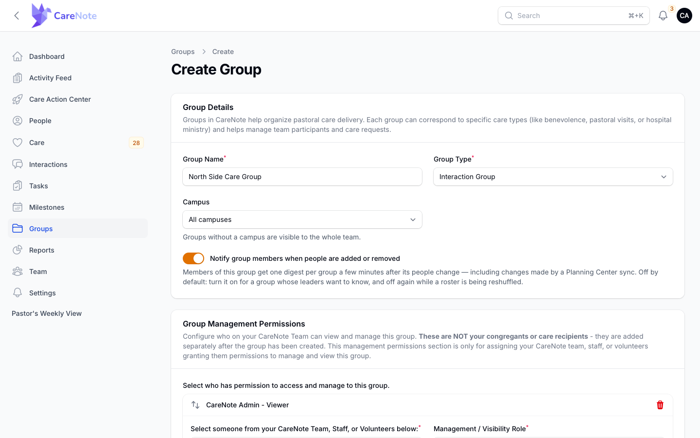 Create Group form with Group Name, Group Type, Campus and the notify toggle