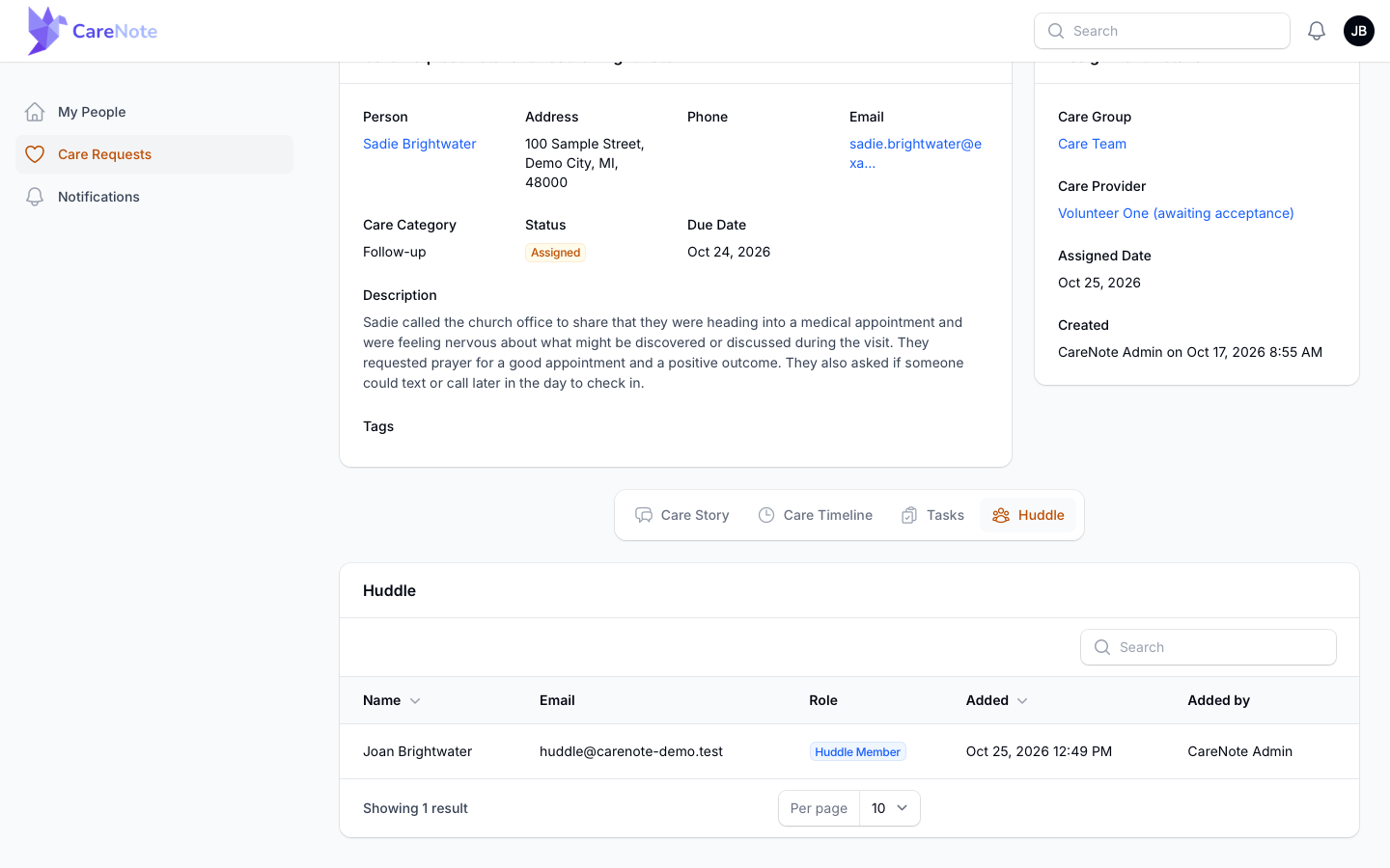 The read-only Huddle tab for a member