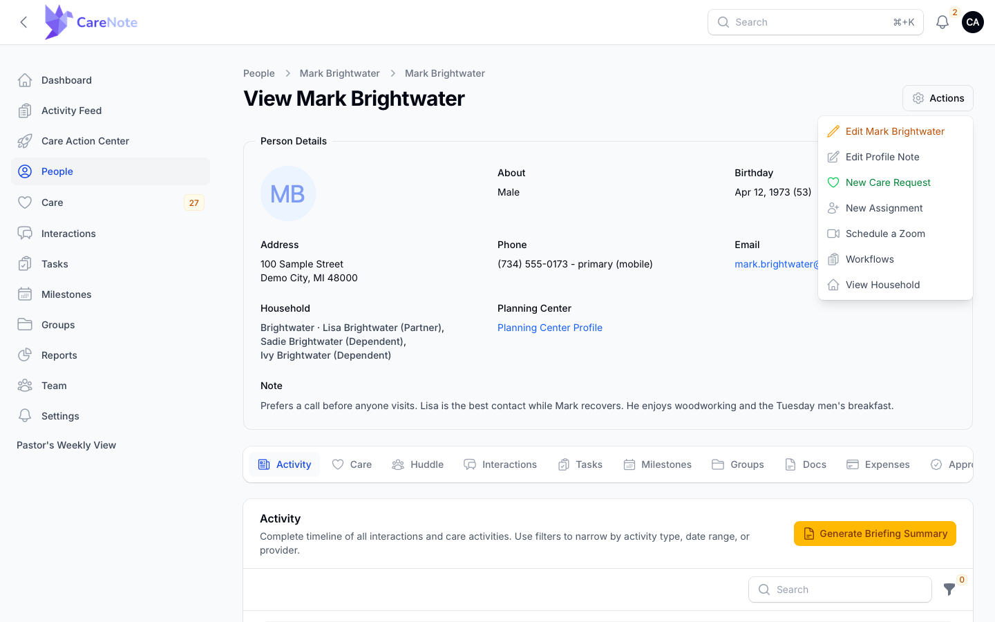 Gear Actions menu open on a person record listing Edit, New Care Request and more