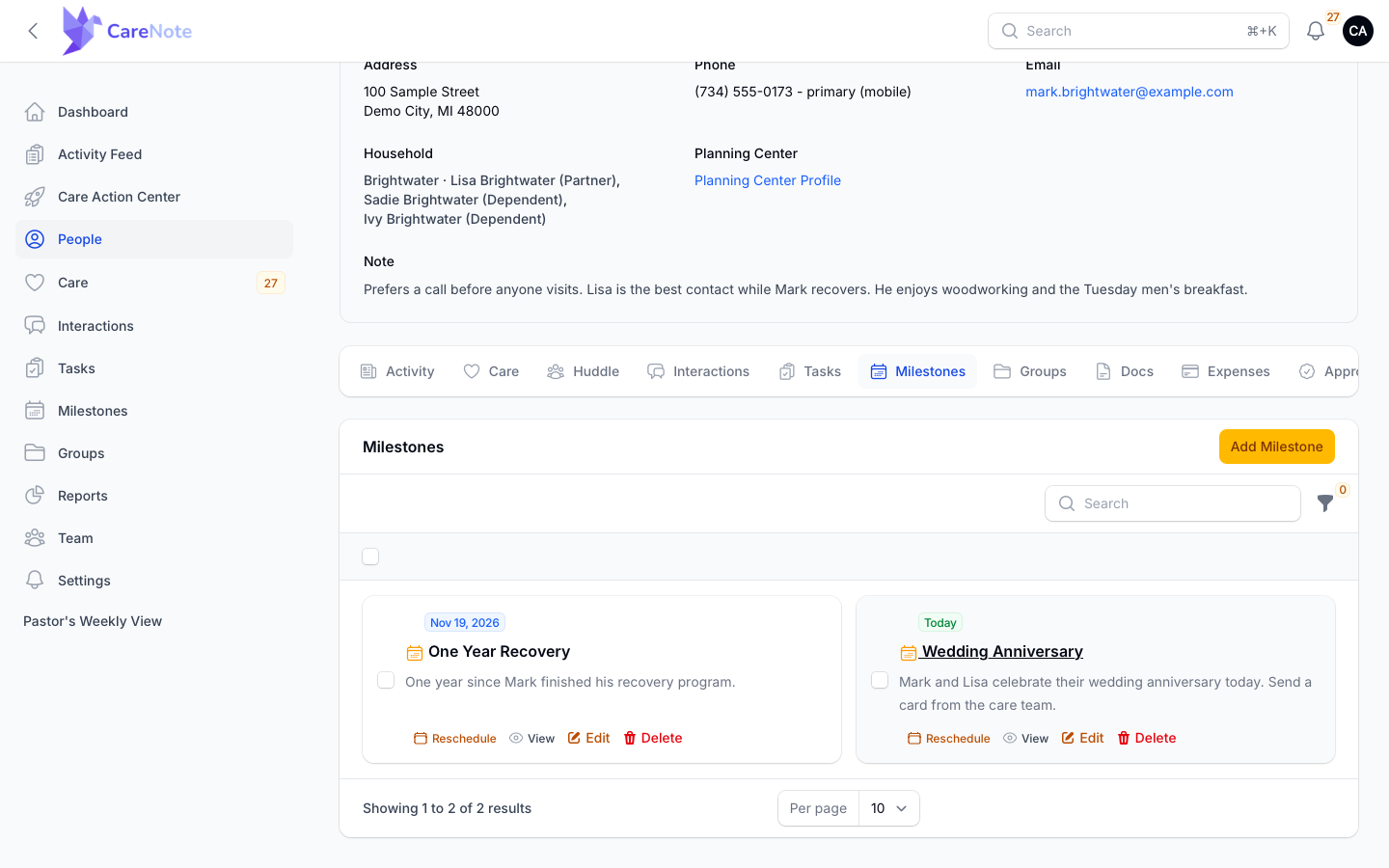 Mark Brightwater's Milestones tab with an Add Milestone button and a card grid