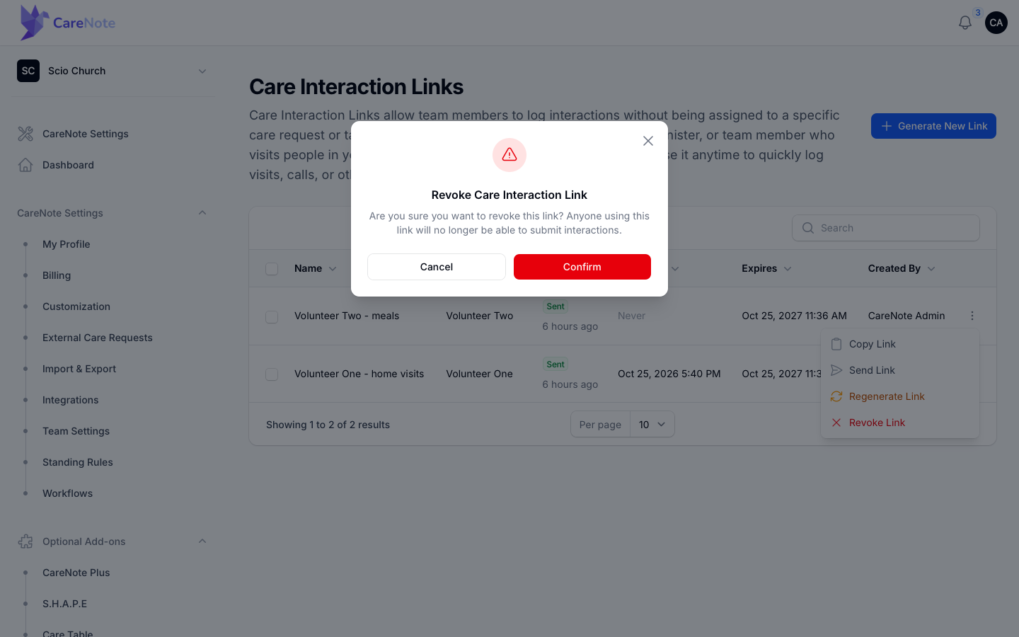 The Revoke Link confirmation warning that anyone using the link can no longer submit