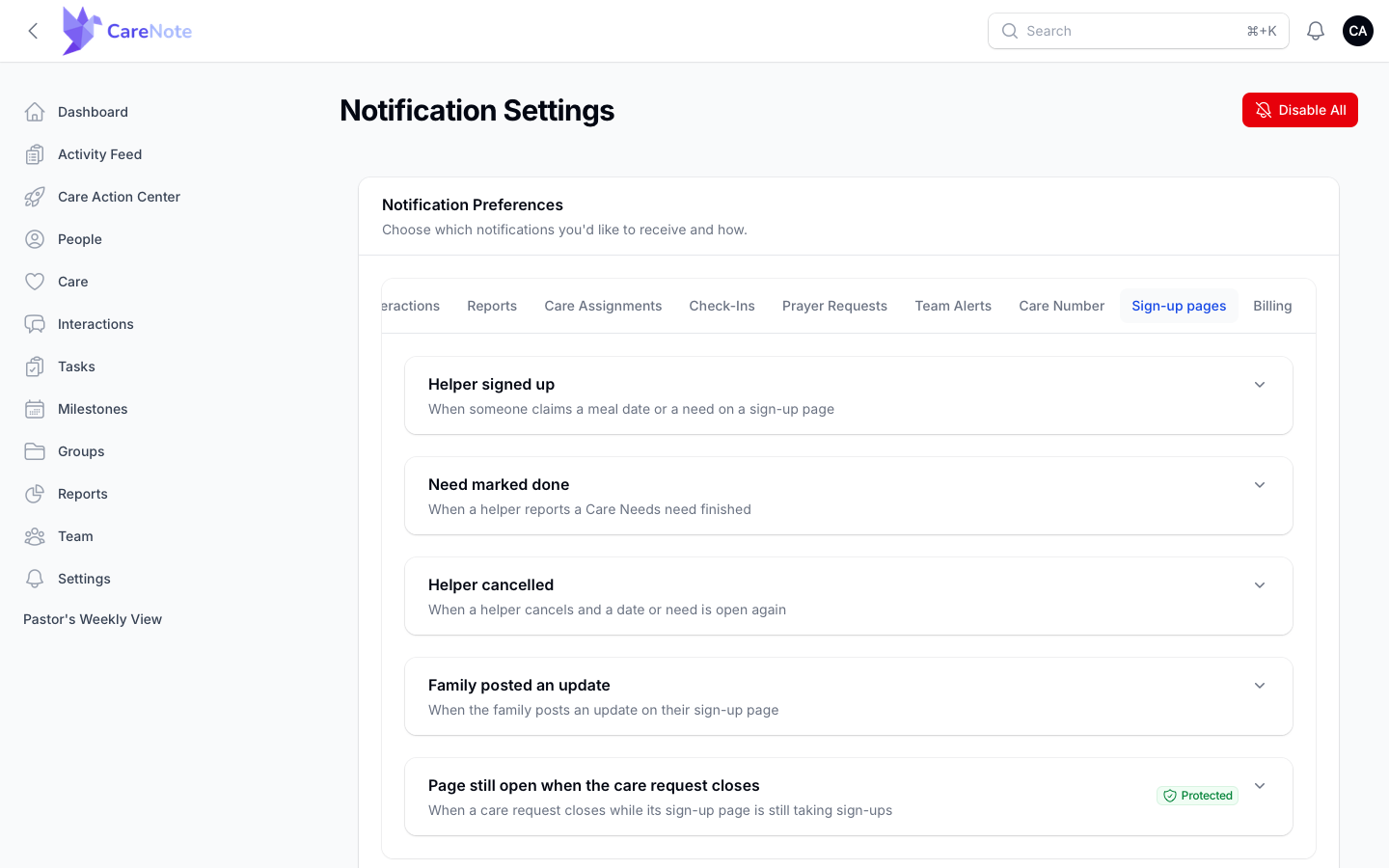 The five Sign-up pages notification types