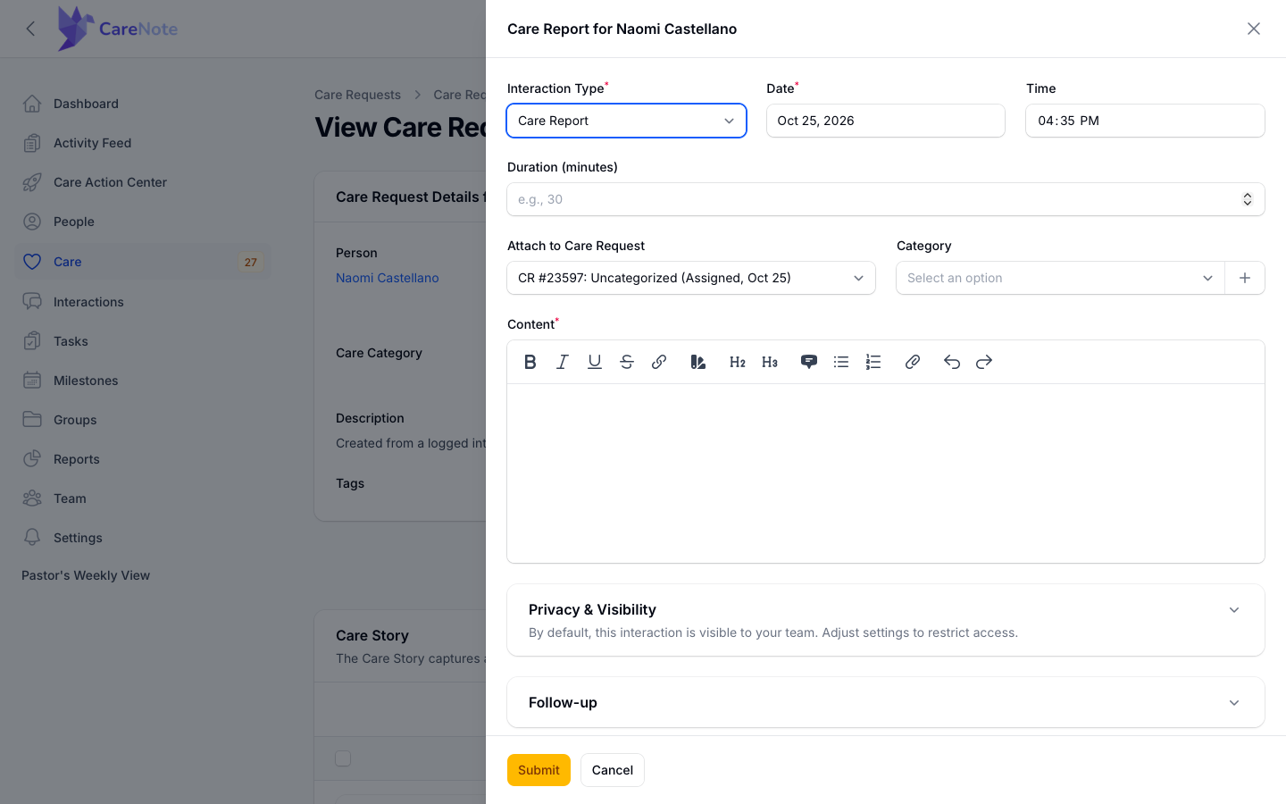 Submit Care Report slide-over with the report fields
