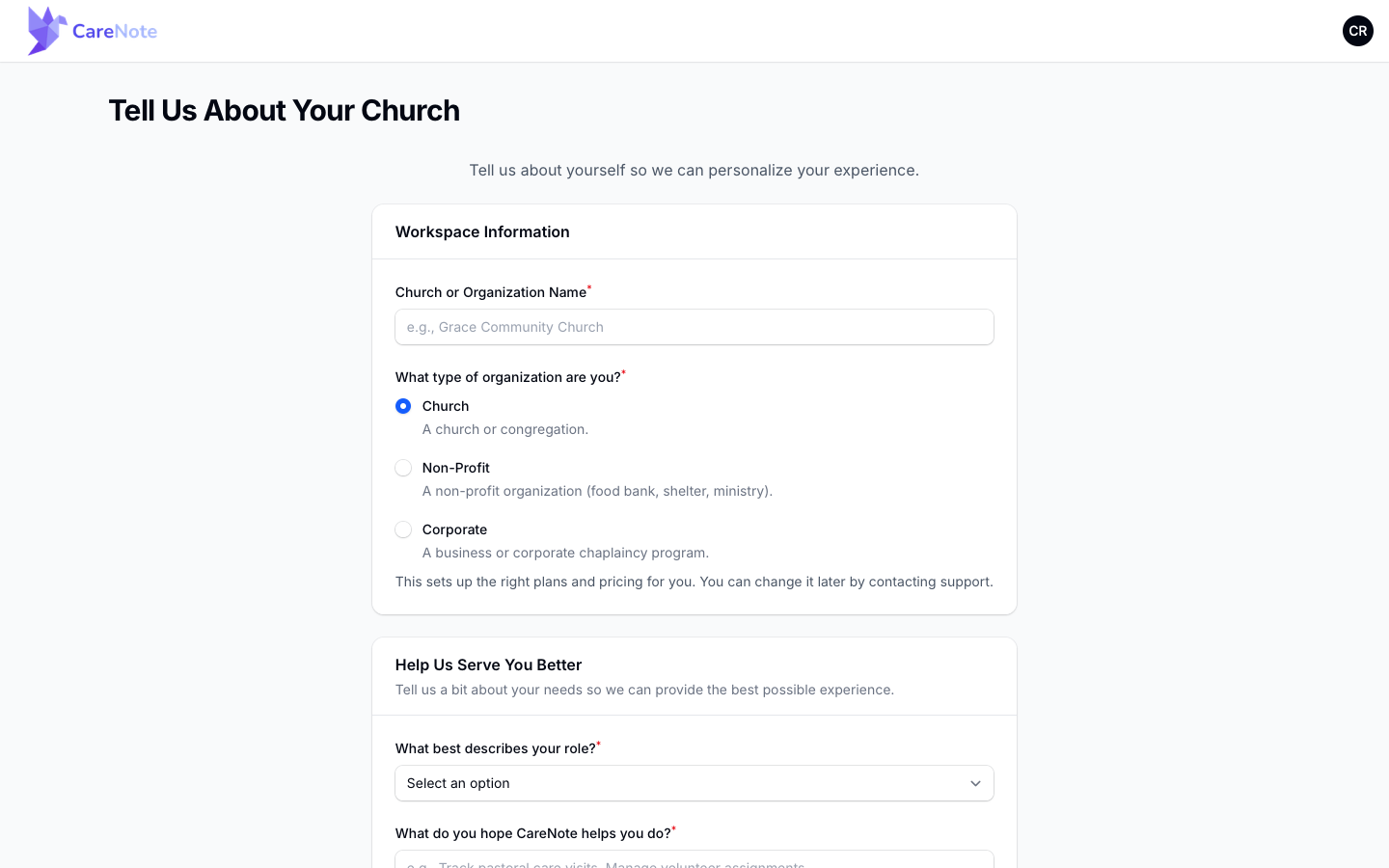 The questionnaire with Church, Non-Profit and Corporate options under the organization type question
