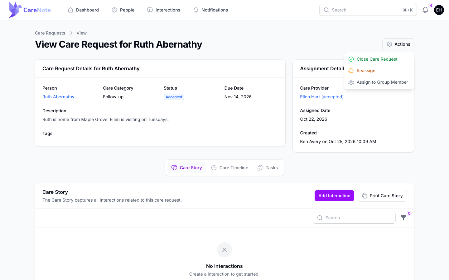 The Actions menu on an accepted request, offering Close Care Request, Reassign and Assign to Group Member
