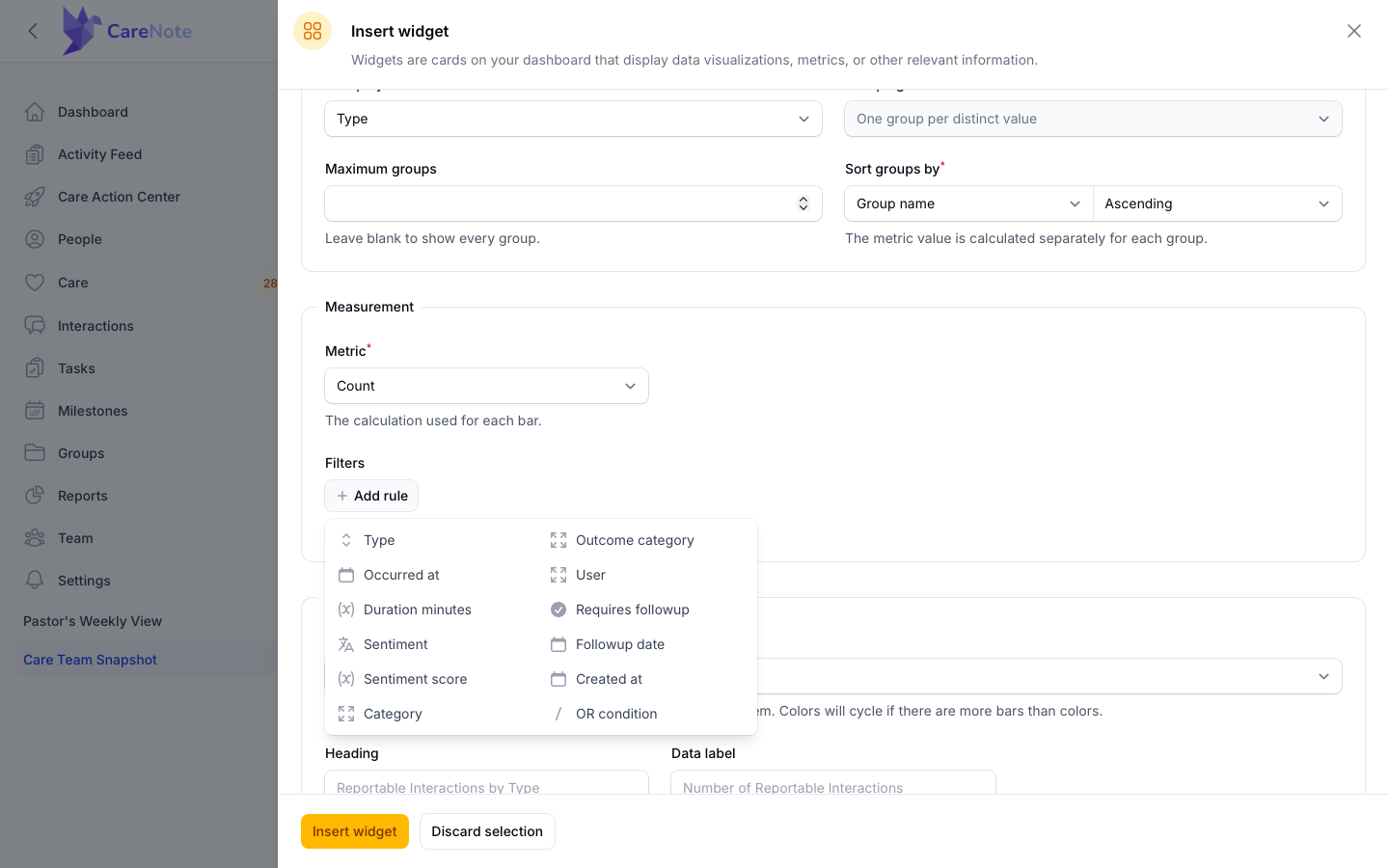 The Filters Add rule menu open with the list of fields you can filter on