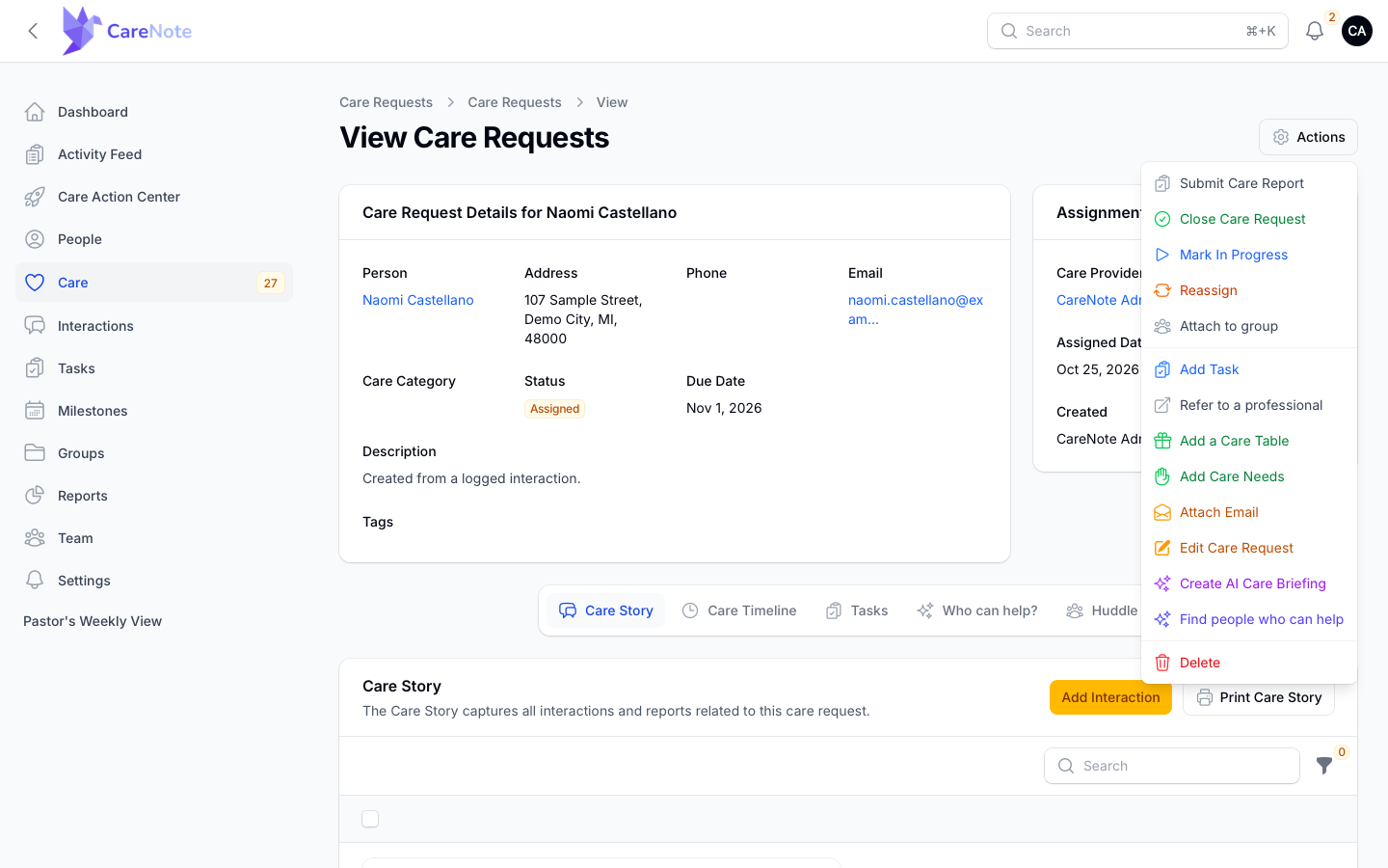 The Actions menu with Submit Care Report as the first item