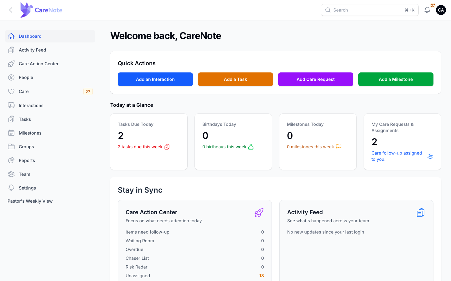The admin dashboard with Quick Actions, Today at a Glance and the left navigation