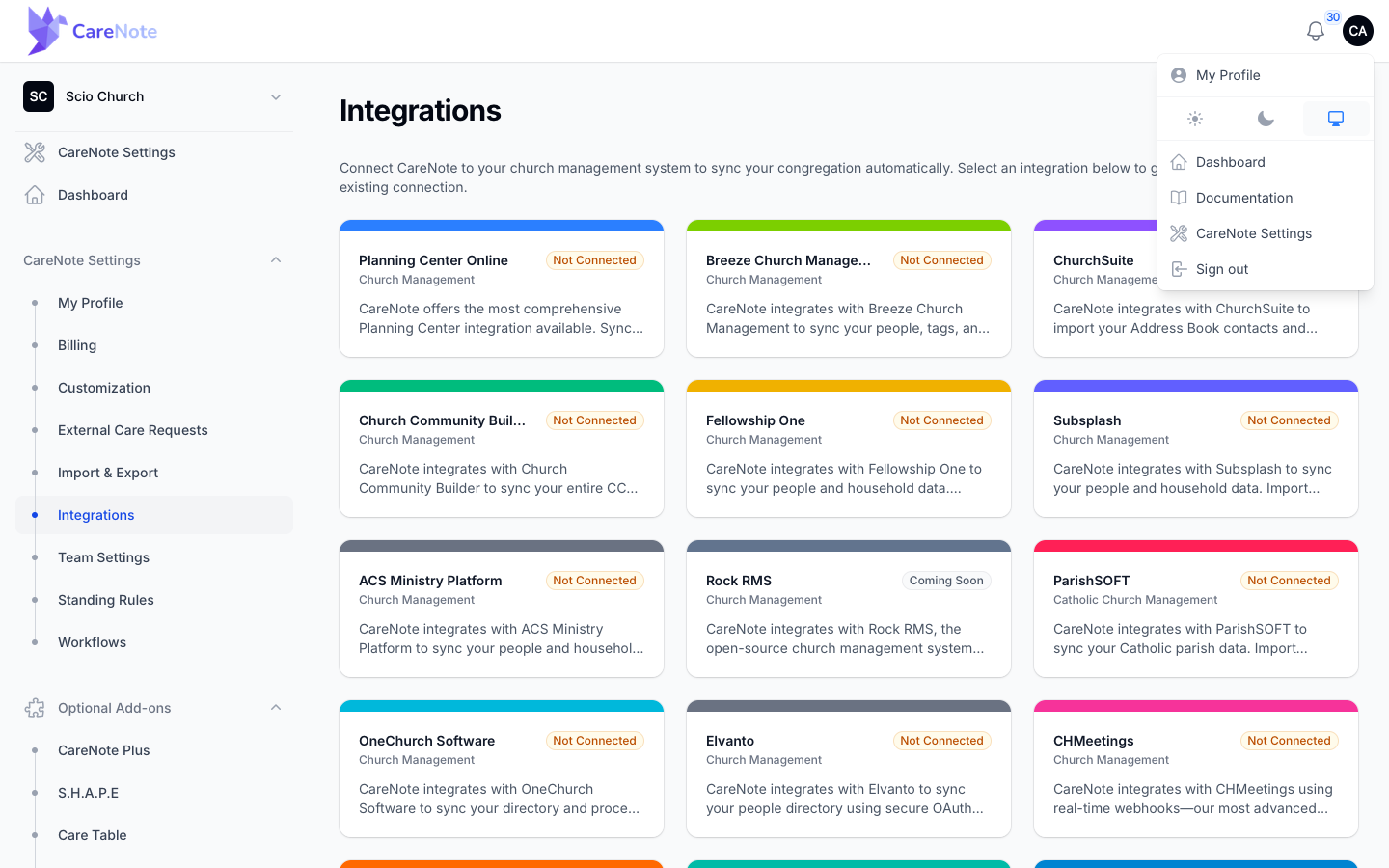 The avatar menu open on the Integrations page, with CareNote Settings in the list