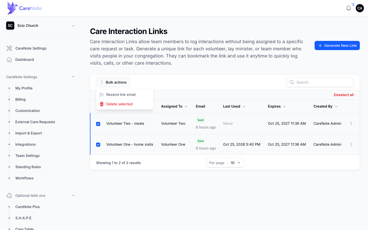 The Bulk actions menu with Resend link email and Delete selected