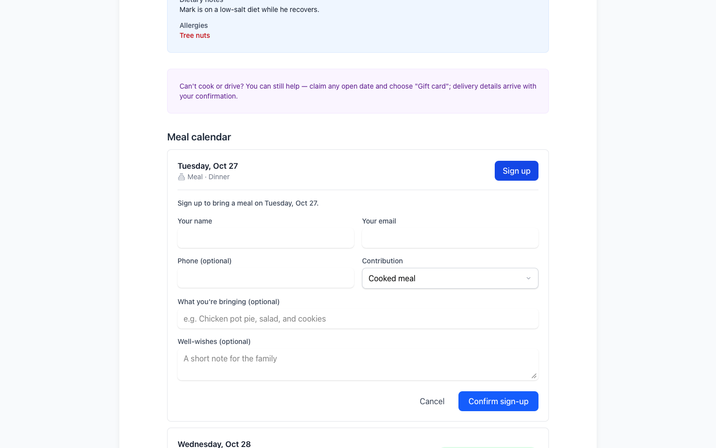 Claim form for a meal date