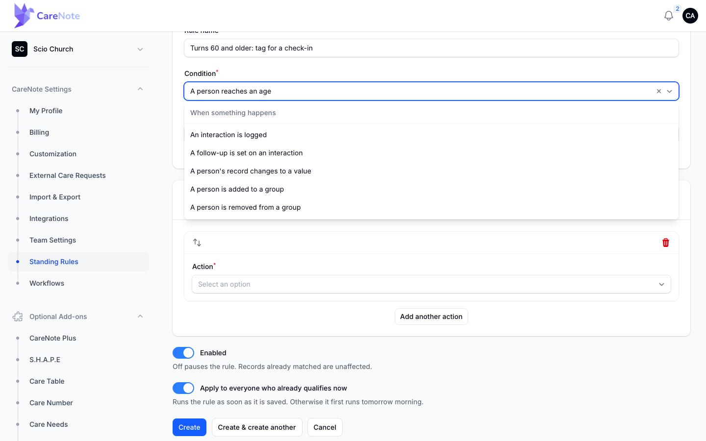 The Condition dropdown showing the When something happens group