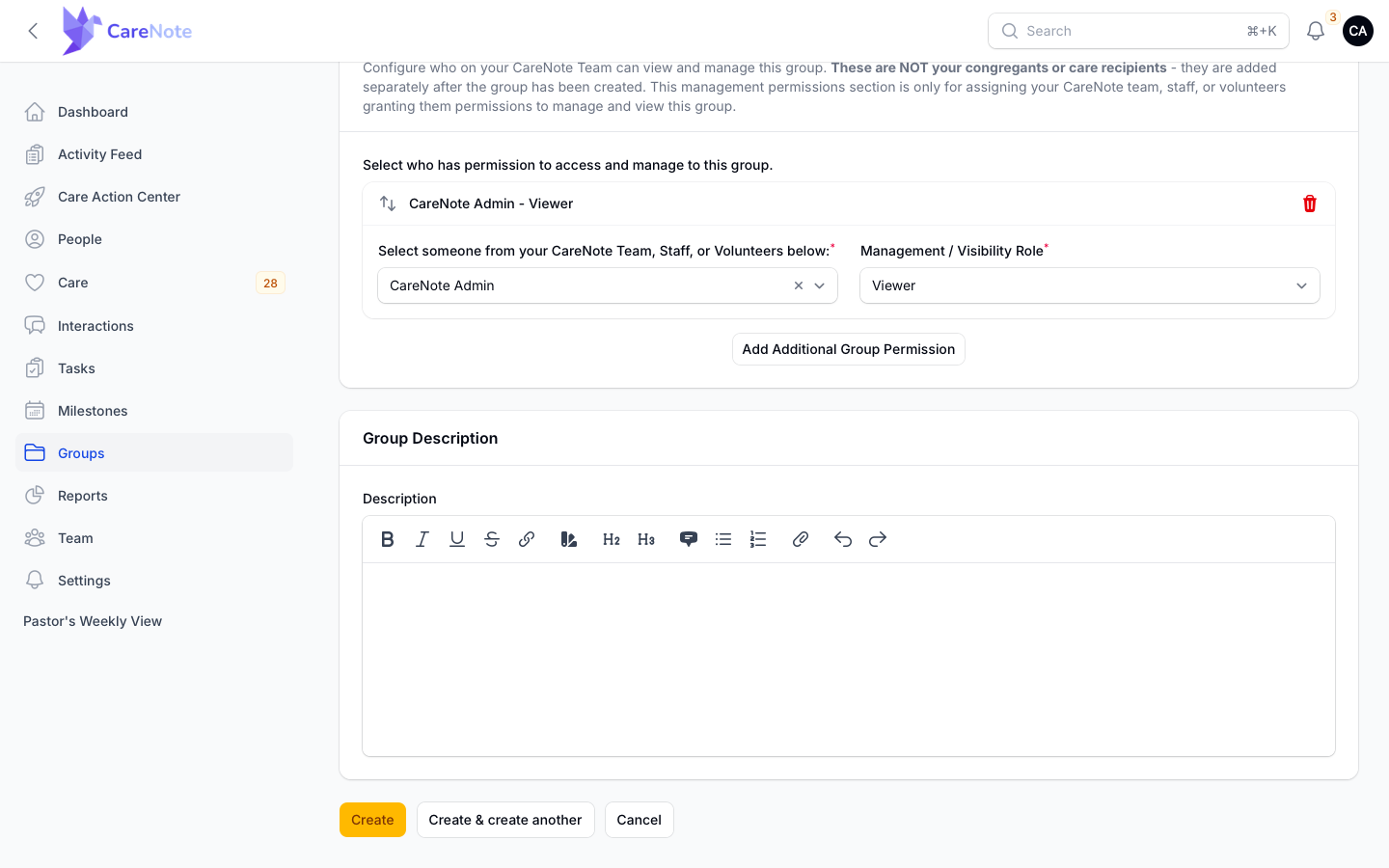Group Management Permissions section with a role picker for each team member