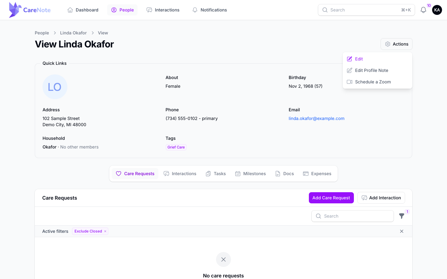 The gear Actions menu on a Team Member's view of a profile with Edit, Edit Profile Note and Schedule a Zoom