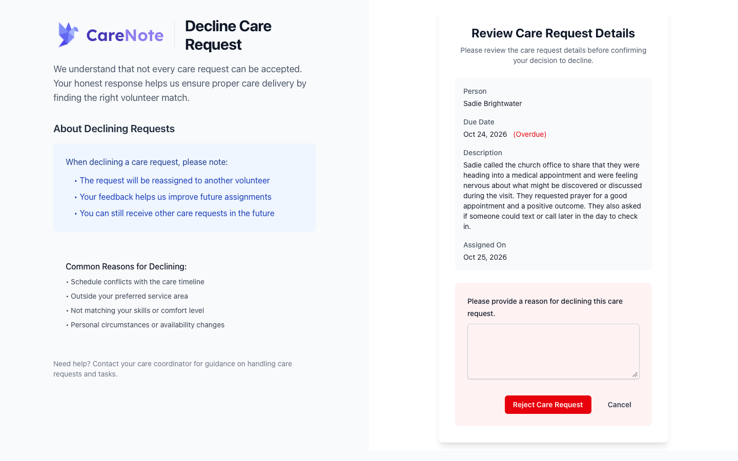 The Decline Care Request page reached from an email link, with an optional reason field