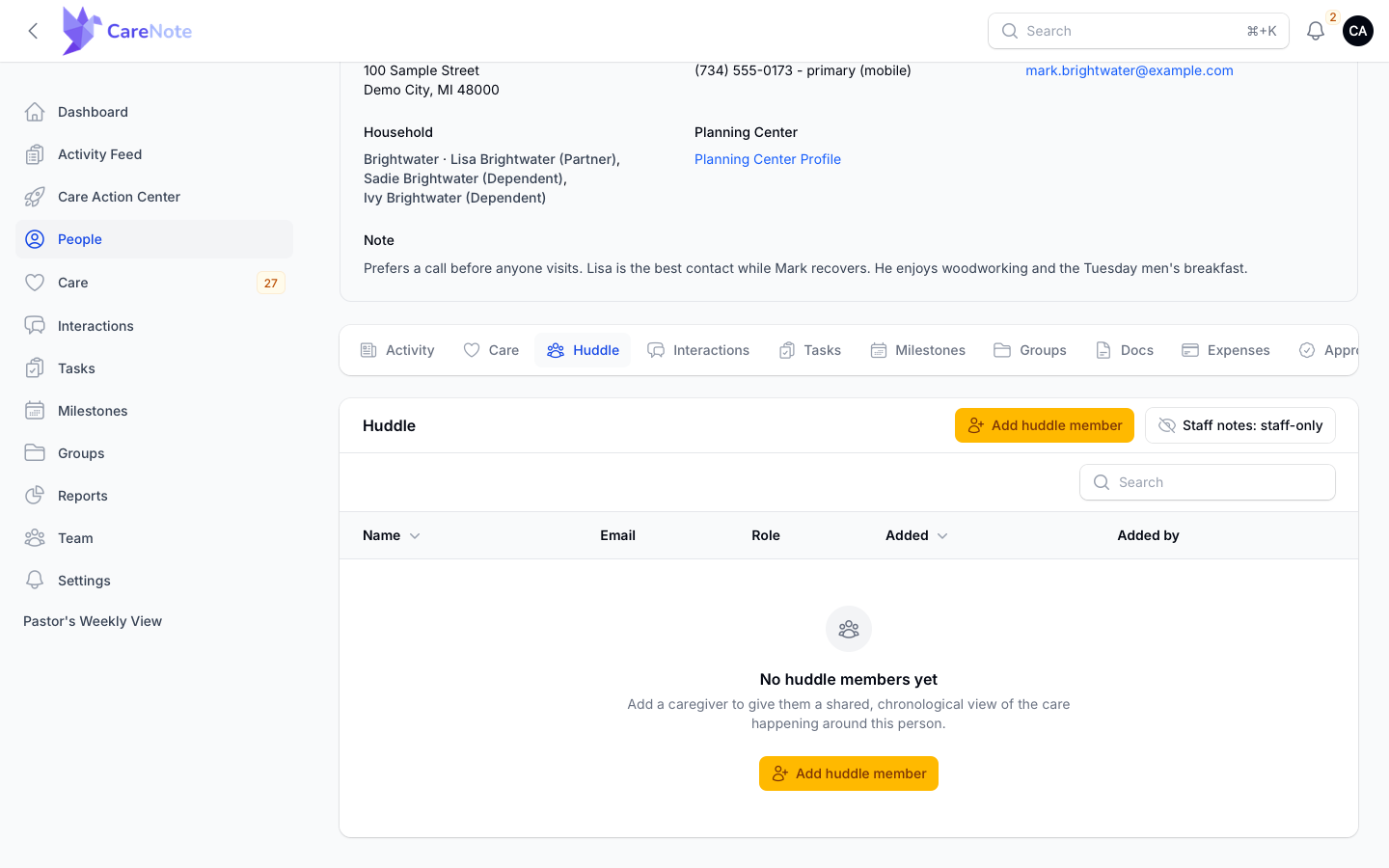 Huddle tab on a person record with Add huddle member and an empty state