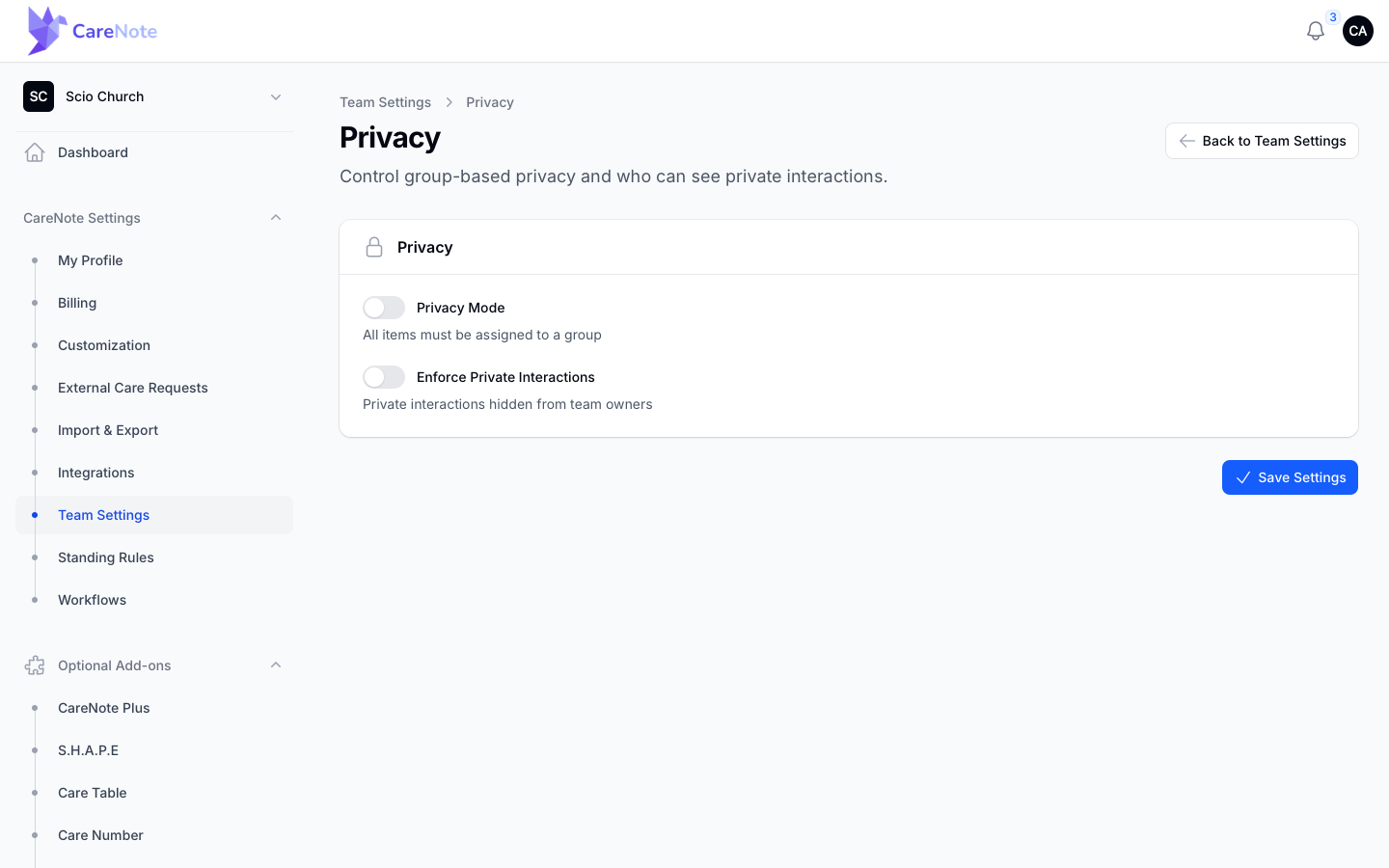 The Privacy page with the Privacy Mode and Enforce Private Interactions switches